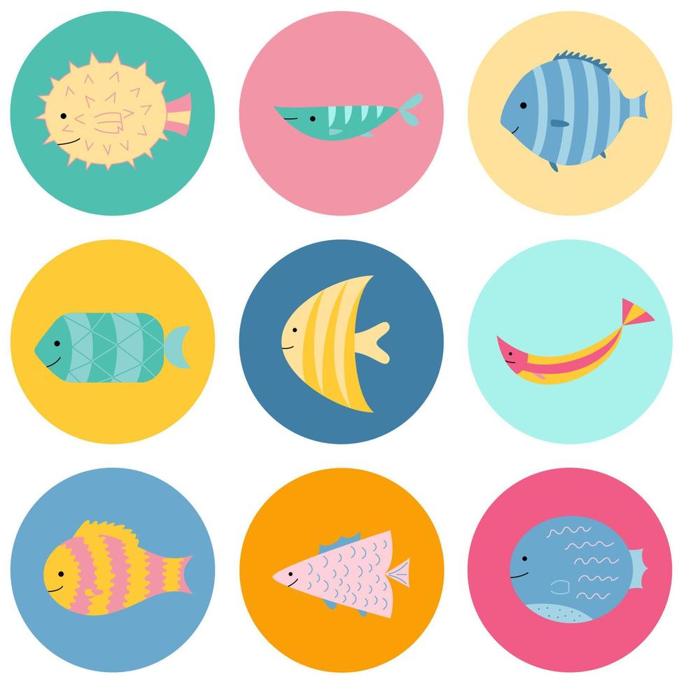 ensemble de poissons exotiques mignons dans des cercles de couleur. icônes de poisson de mer ou d'océan. style bande dessinée. conception d'autocollants, d'affiches, de cartes pour enfants. illustration vectorielle vecteur