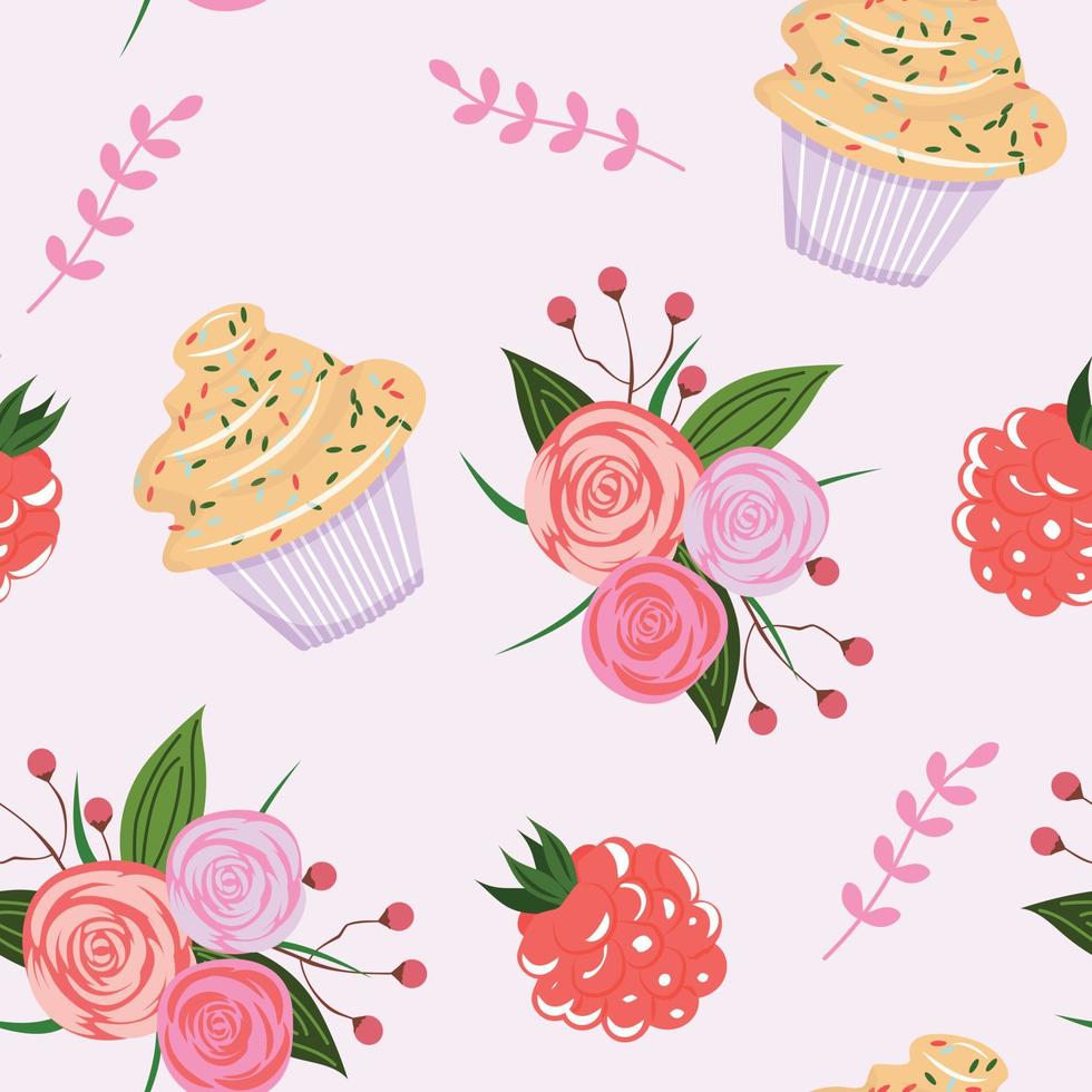 motif floral sans couture avec roses, framboises et cupcake. mignon modèle sans couture avec des cupcakes et des fleurs. pour le textile, le papier, l'emballage. vecteur