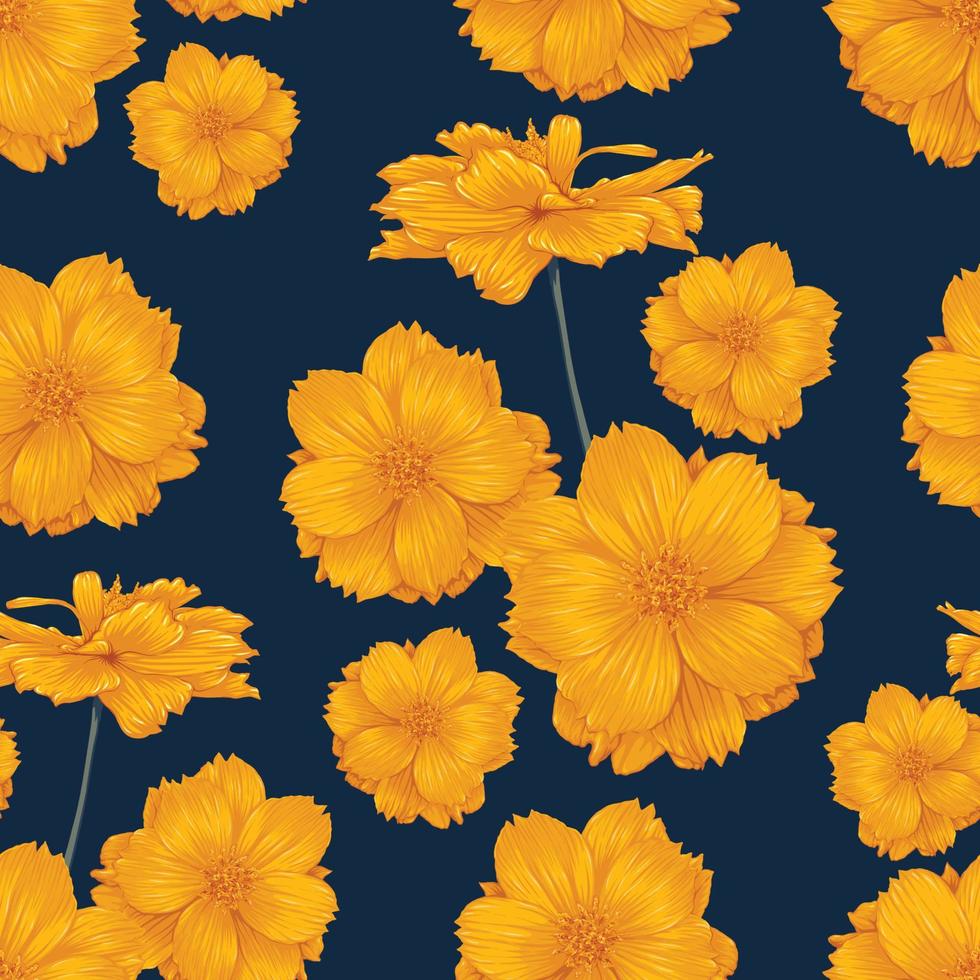 motif floral sans couture avec fleurs de cosmos fond abstrait bleu foncé. dessin à la main d'illustration vectorielle. conception d'impression de motif textile en tissu vecteur