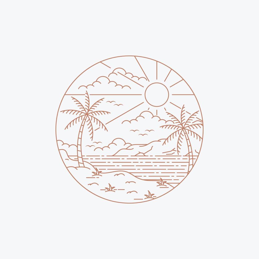 île tropicale dans le style de ligne, été sur la plage tropicale logo badge monoline design illustration vectorielle vecteur