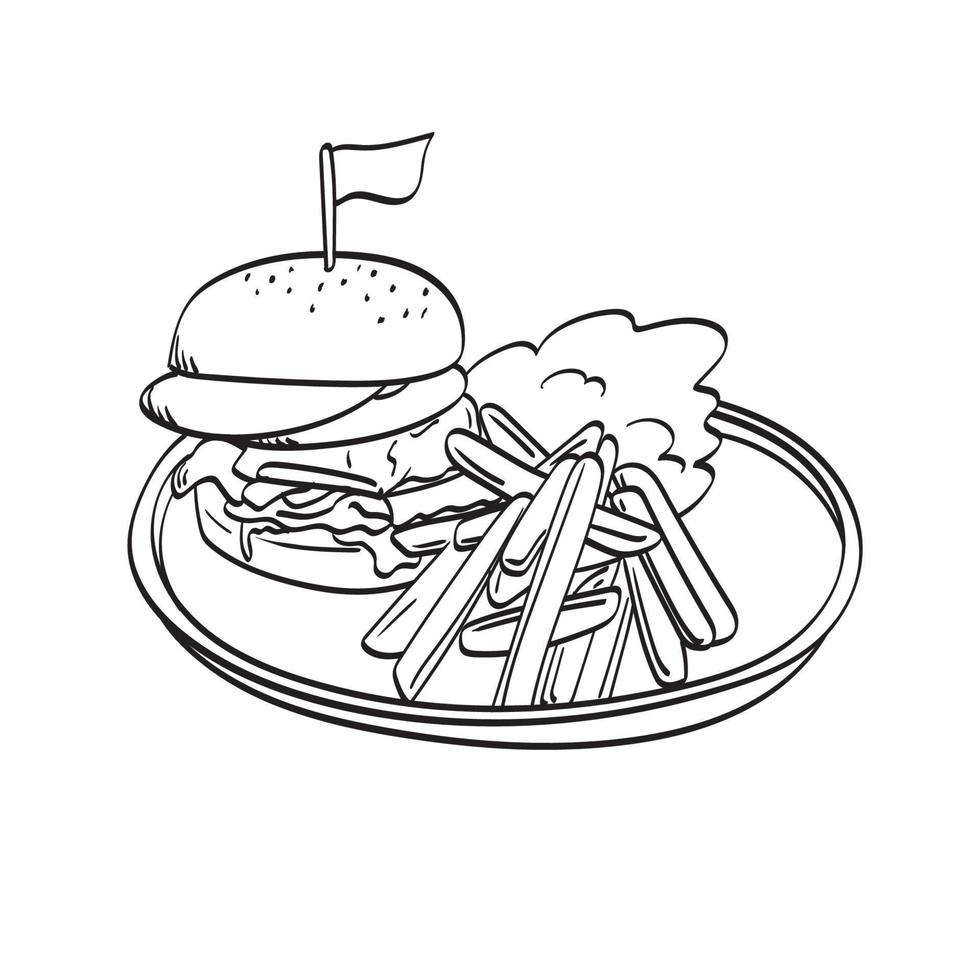 hamburger et frites sur plateau en bois illustration vecteur dessiné à la main isolé sur fond blanc dessin au trait.