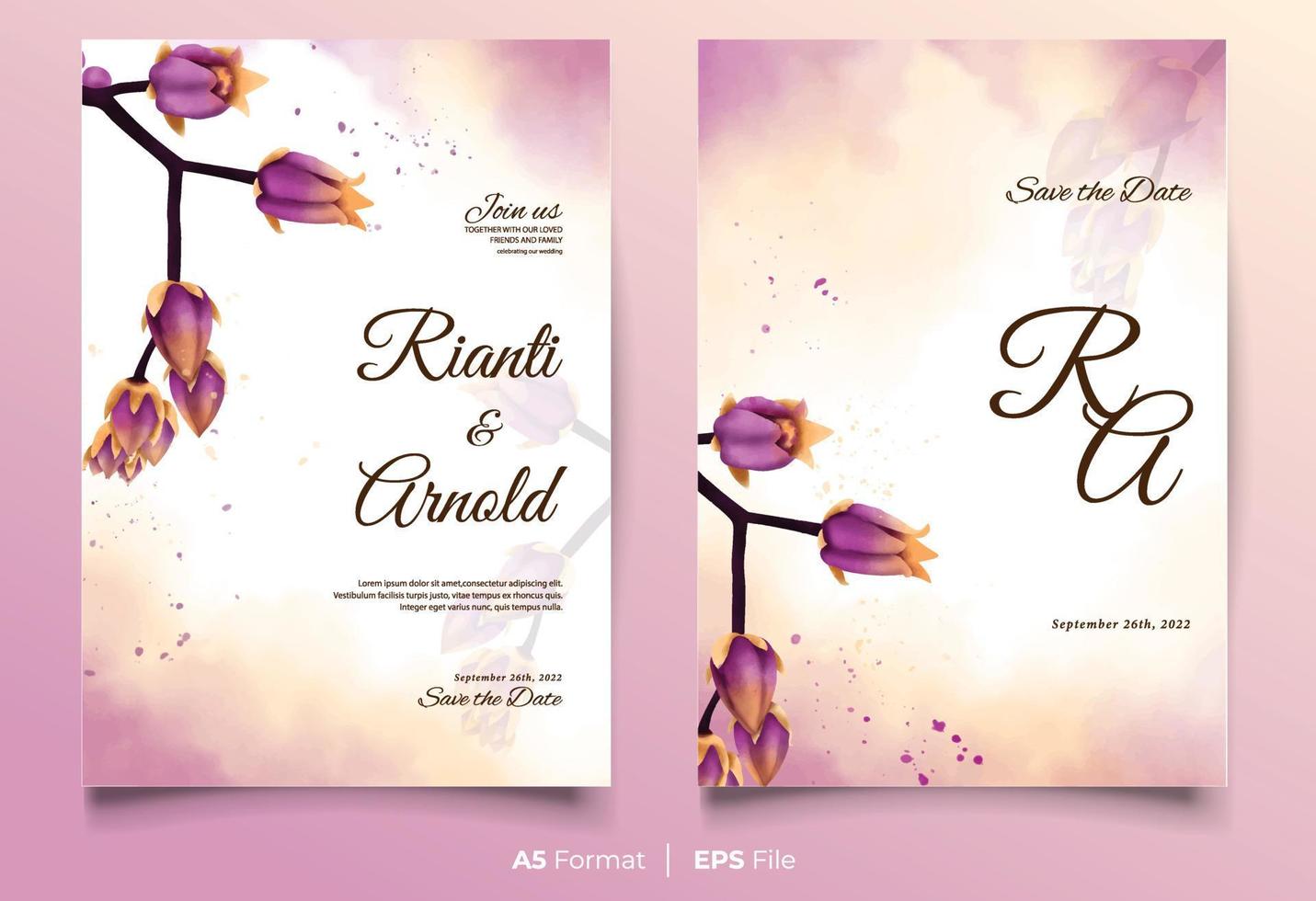 invitation de mariage aquarelle de luxe avec fleur violette et jaune vecteur