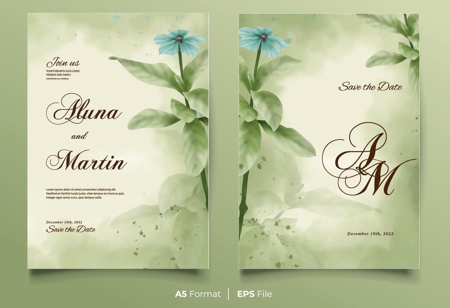 modèle d'invitation de mariage aquarelle avec ornement de fleurs bleues et vertes vecteur
