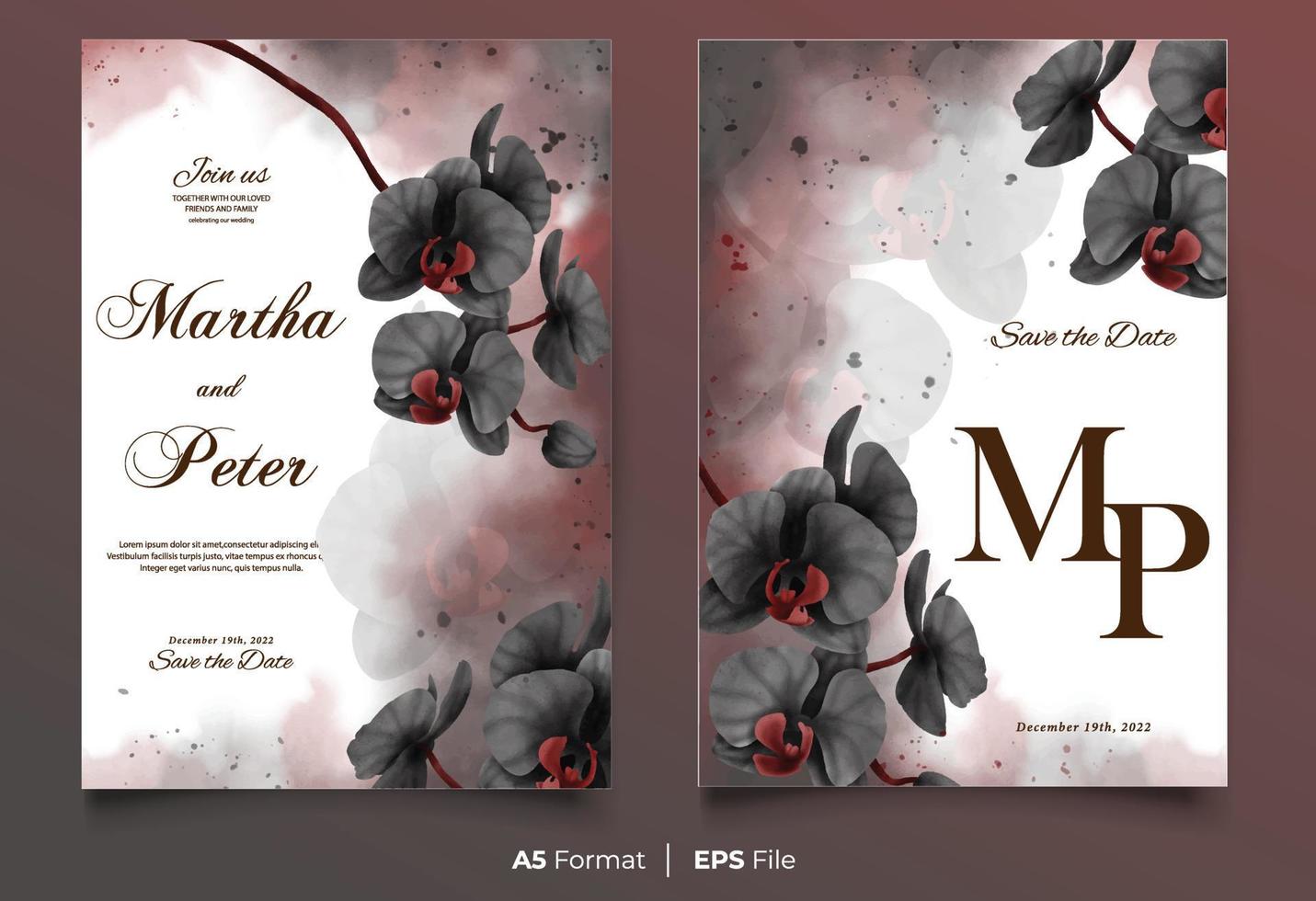 modèle d'invitation de mariage aquarelle avec ornement de fleur noire vecteur