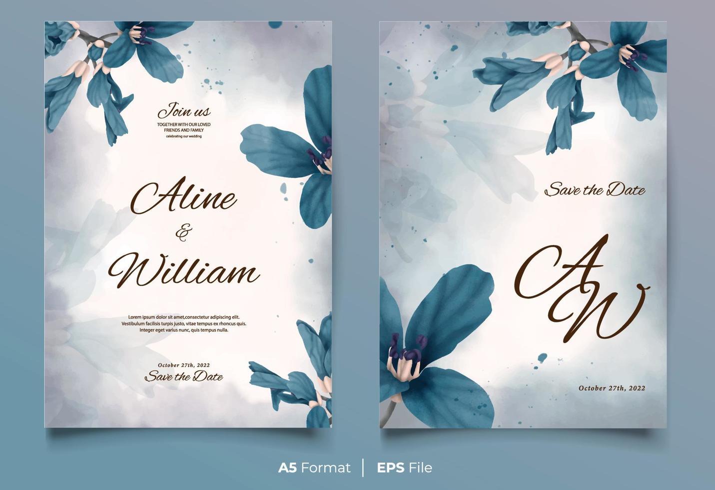 invitation de mariage aquarelle avec ornement fleur bleue vecteur