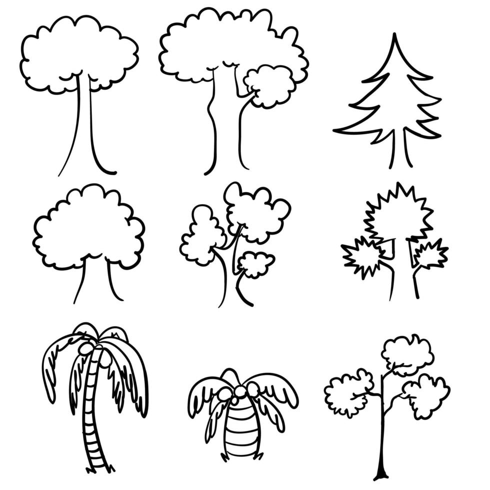 collection d'arbres doodle style cartoon dessiné à la main vecteur