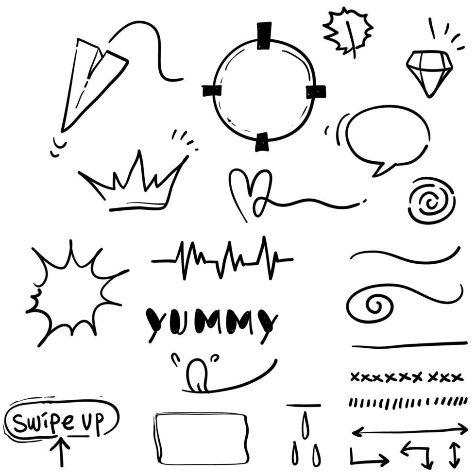 ensemble d'éléments de conception de doodle. flèche, cœur, amour, bulle de dialogue, étoile, feuille, soleil, couronne, roi, reine, swishes, swoops, emphase, tourbillon, cœur, style cartoon gemme vecteur