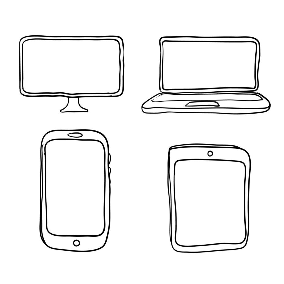 icône de l'appareil ordinateur, ordinateur portable, tablette et smartphone avec style doodle dessiné à la main vecteur
