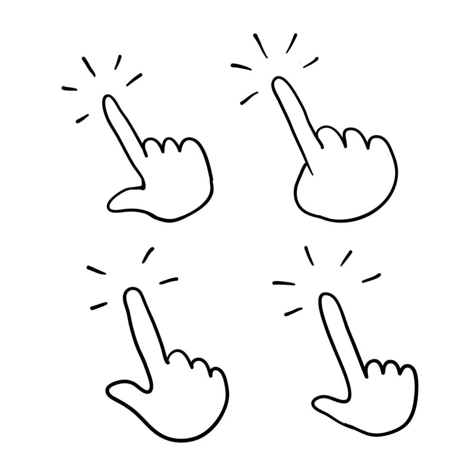 cliquant sur l'icône du doigt, vecteur de pointeur de main avec style de griffonnage dessiné à la main isolé sur blanc