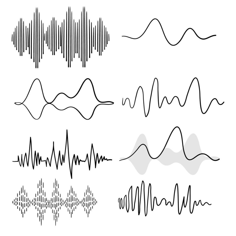 ondes sonores noires. fréquence audio de la musique, forme d'onde de la ligne vocale, signal radio électronique, symbole de niveau de volume vecteur de doodle dessiné à la main