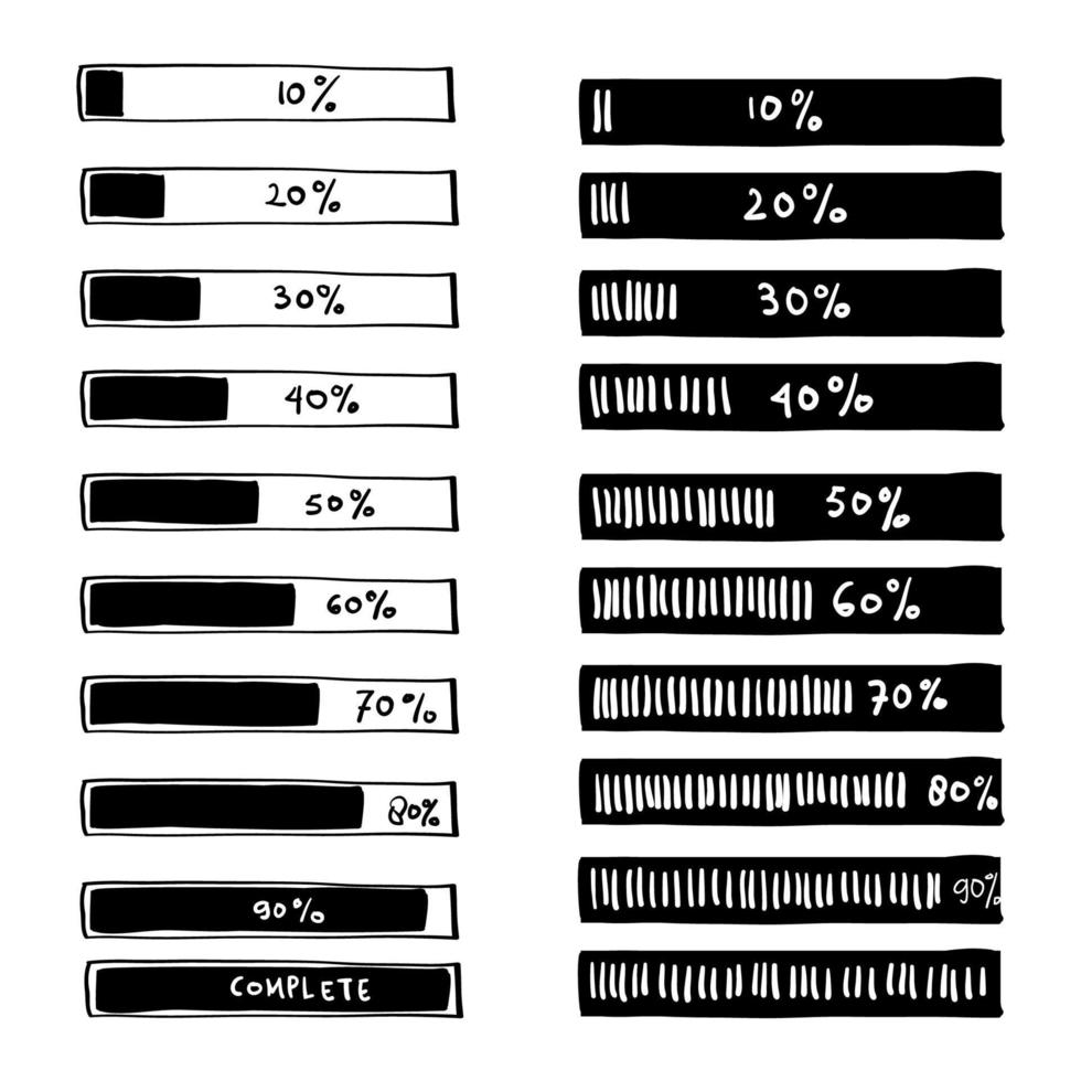 barre de chargement de progression, ensemble d'icônes. symbole de charge avec style doodle dessiné à la main vecteur