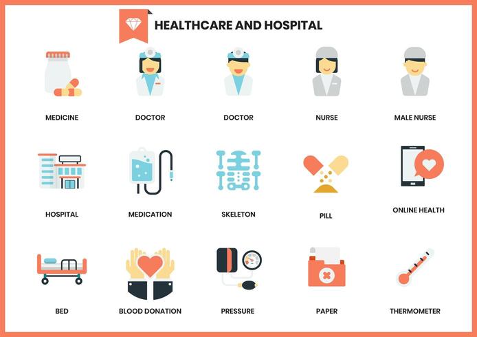 Ensemble d&#39;icônes d&#39;hôpital et de soins de santé sur blanc vecteur