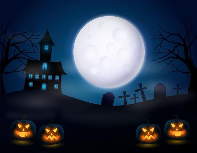 Nuit d&#39;Halloween à la citrouille effrayante et à la pleine lune réaliste vecteur