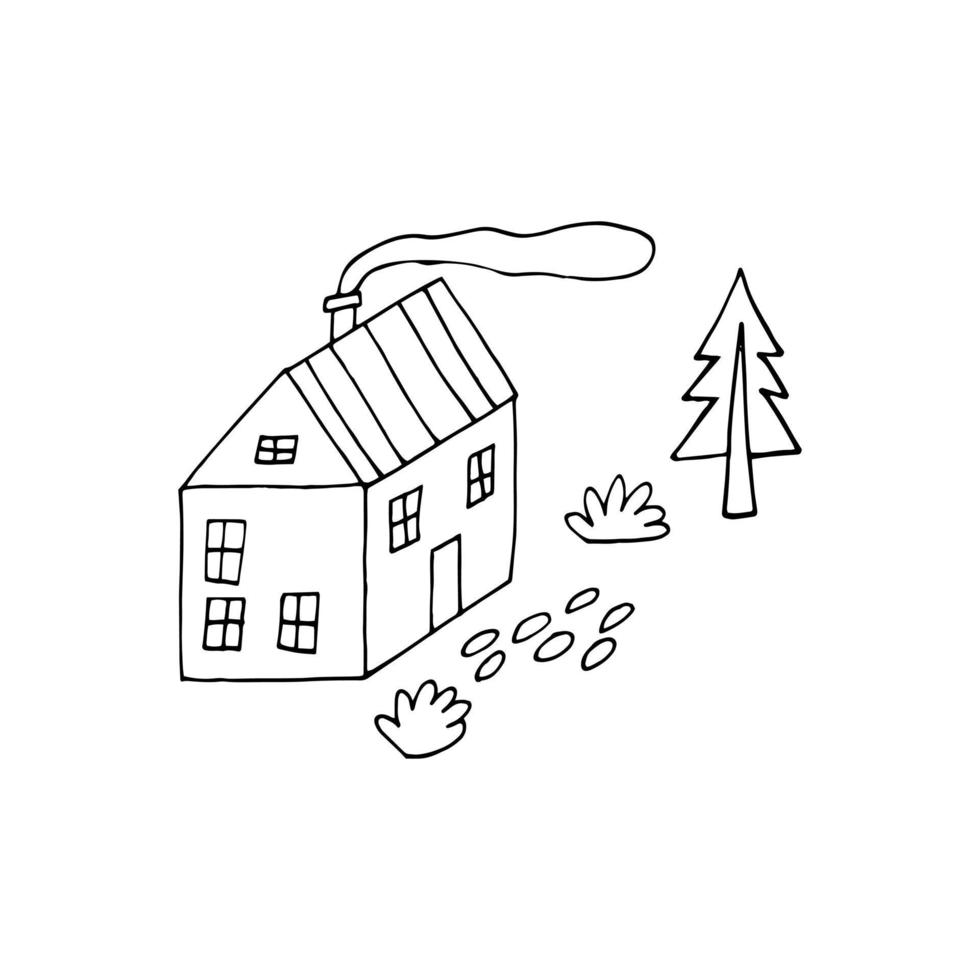 maison et arbre. illustration dessinée à la main dans un style d'art en ligne doodle vecteur