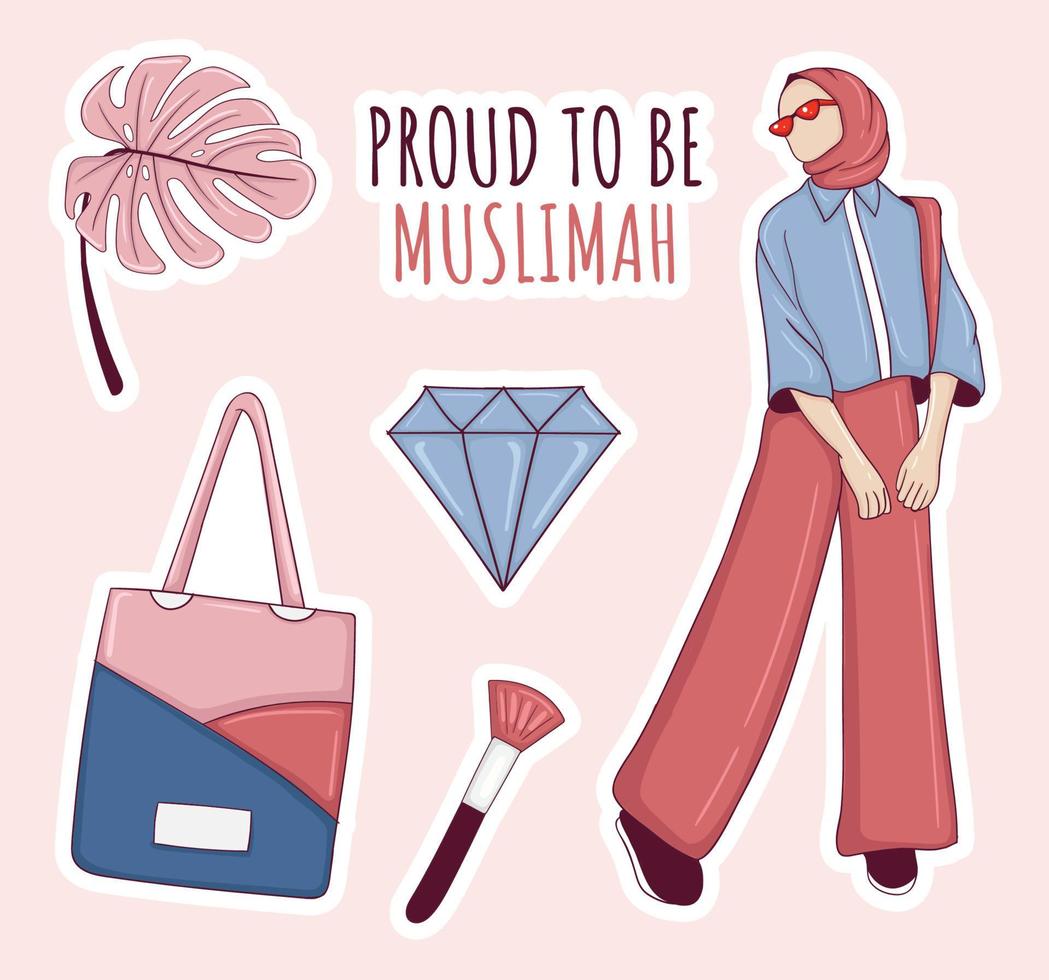 collection d'autocollants colorés pour filles musulmanes dessinés à la main vecteur