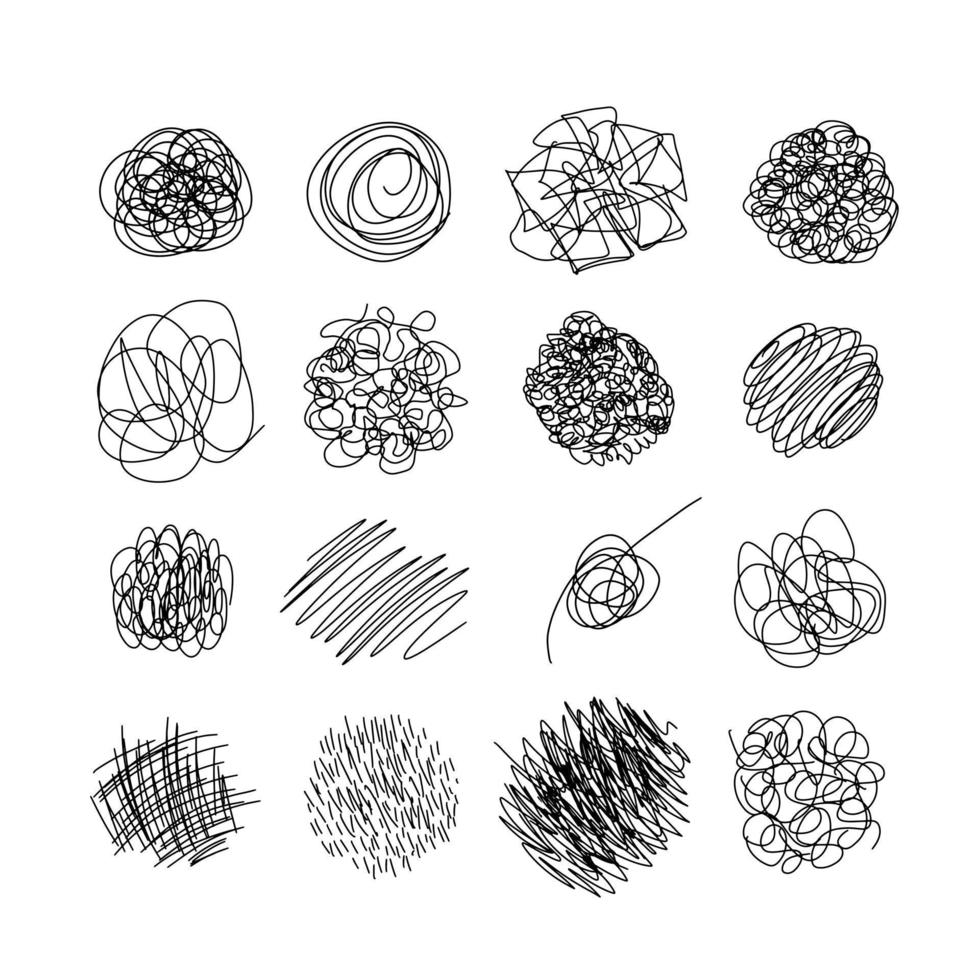 doodle chaos dessiné à la main. forme de gribouillis abstraite de ligne dessinée à la main noire. vecteur doodle set ellipses, enchevêtrements, lignes, cercles. cercle de gribouillis rond grunge. noeud d'écoute de fil isolé