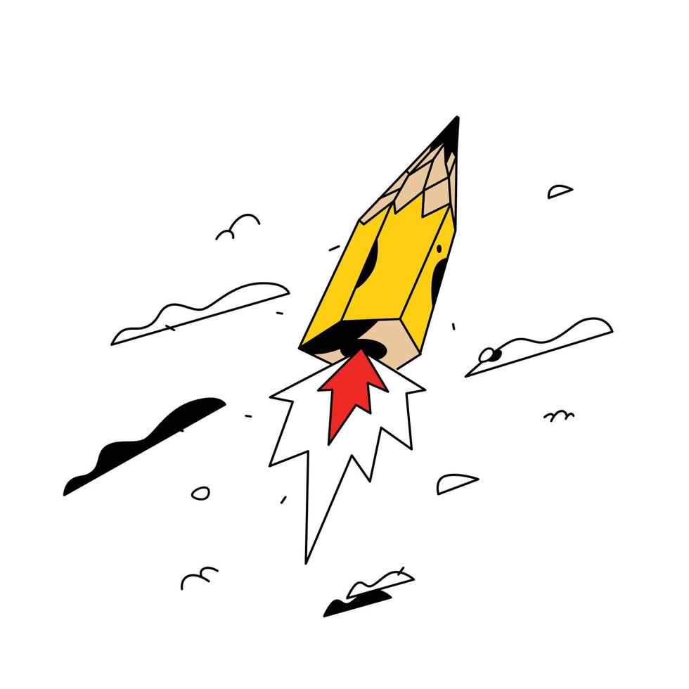 illustration d'une fusée-crayon volante. vecteur. style plat de dessin animé. crayon jaune dans le ciel parmi les nuages. symbole de créativité et de créativité. image du logo du studio. vecteur