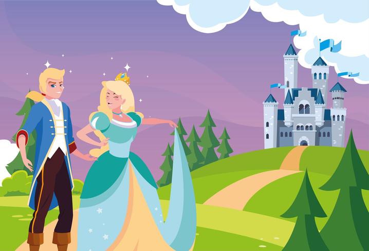 princesse et prince avec château conte de fées dans le paysage vecteur