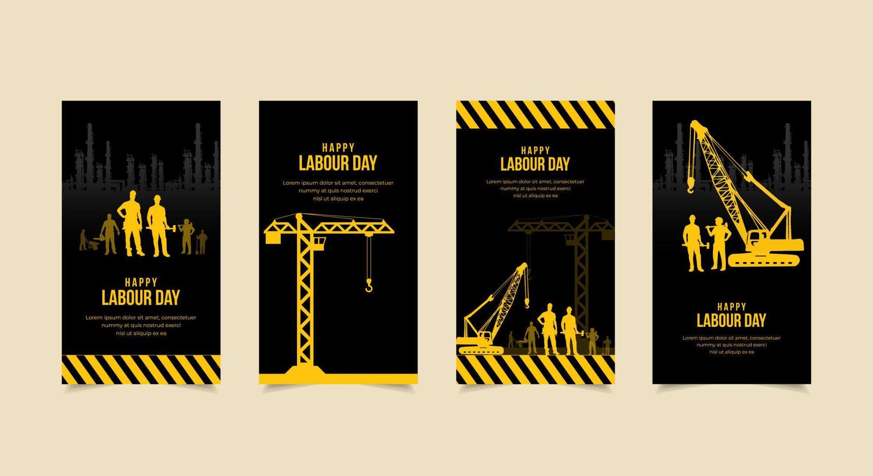 collection d'histoires de conception de la fête internationale du travail. histoires de modèles de fête du travail adaptées à la promotion, au marketing, etc. fond international de la fête du travail avec la silhouette de la grue à tour et de la machine. vecteur