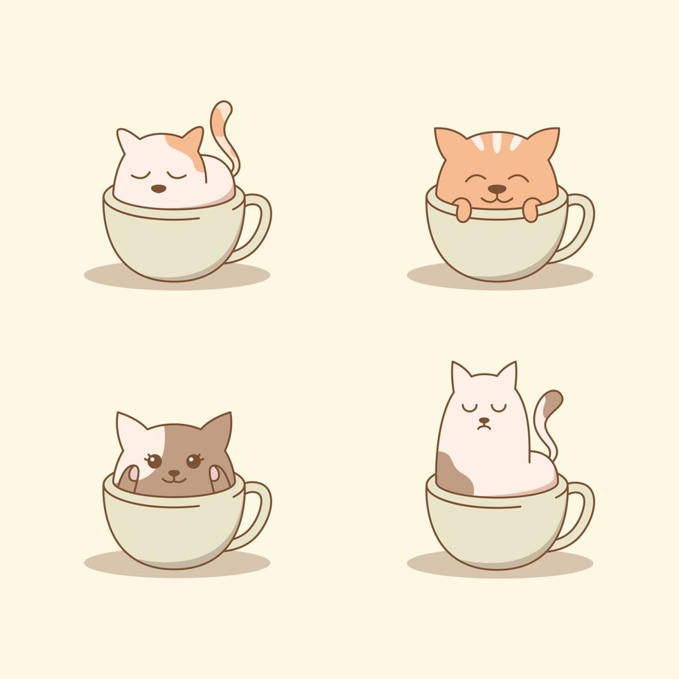 chat mignon assis sur la collection de tasses vecteur