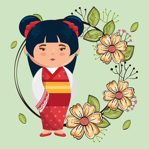 kawaii fille japonaise avec des fleurs vecteur