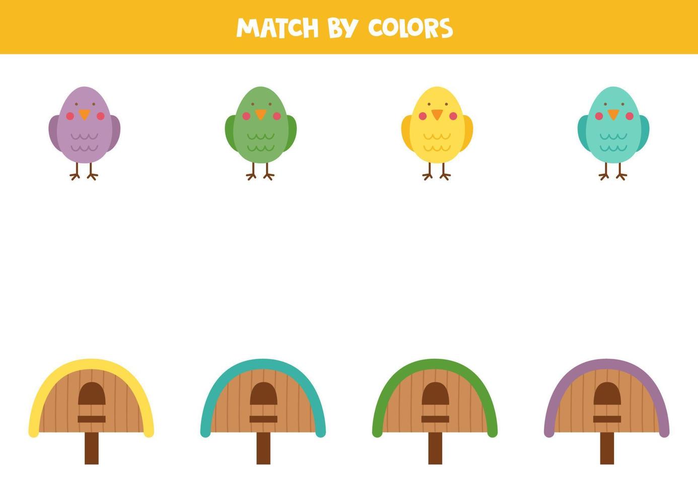 jeu de correspondance des couleurs pour les enfants d'âge préscolaire. associez les oiseaux et les nichoirs par couleurs. vecteur
