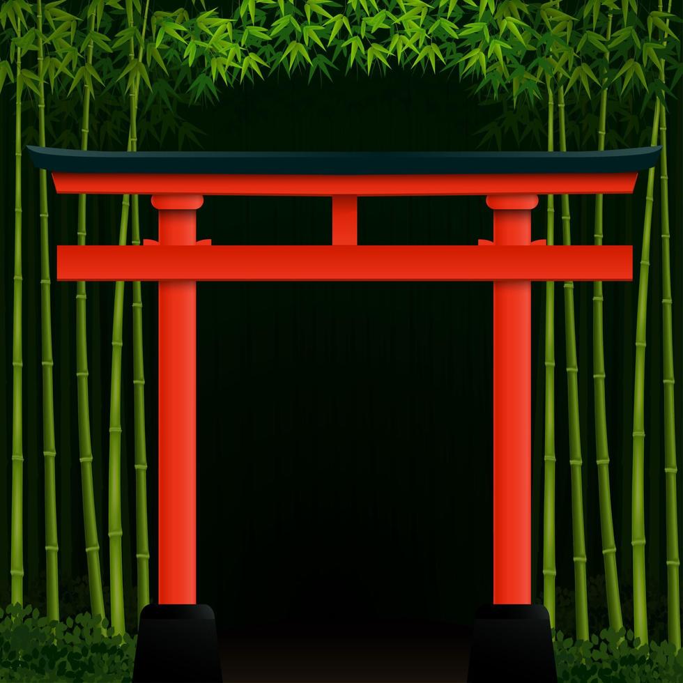 fond de forêt de bambous foncé avec porte japonaise rouge vecteur