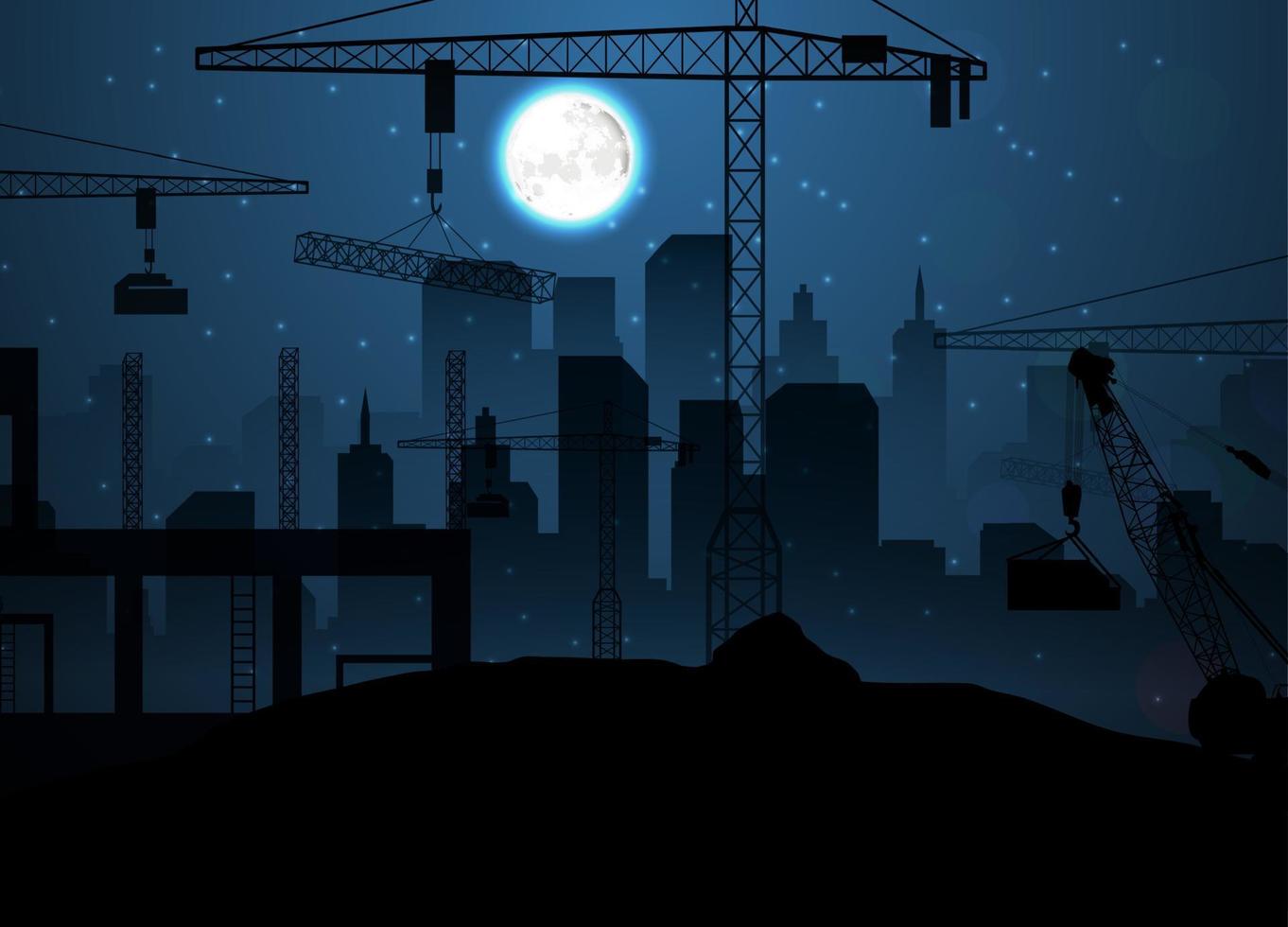 illustration vectorielle du chantier de construction avec des grues sur le ciel nocturne et la lune vecteur