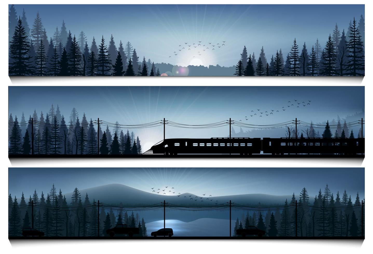 bannières horizontales avec le train à grande vitesse et les voitures sur fond de forêt paysage illustration vectorielle vecteur