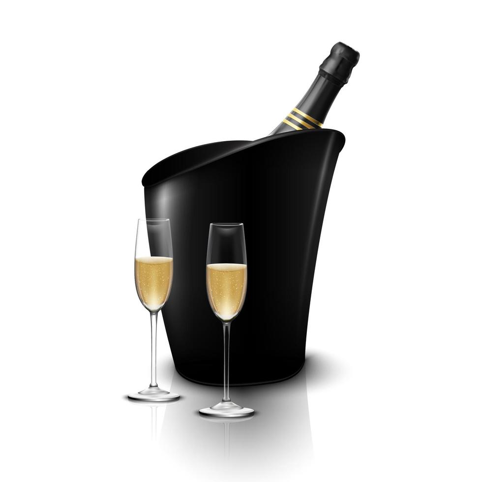 Deux verres à vin avec des bouteilles de champagne dans un seau vecteur