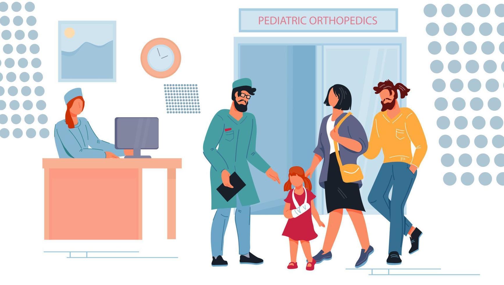 service d'orthopédie pour enfants à l'hôpital avec des médecins et un petit patient blessé. médecine des enfants et concept d'assurance médicale. services de santé familiale. illustration vectorielle plane. vecteur