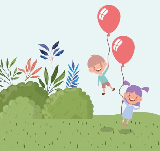 heureux petits enfants avec des ballons à l&#39;hélium dans le champ vecteur