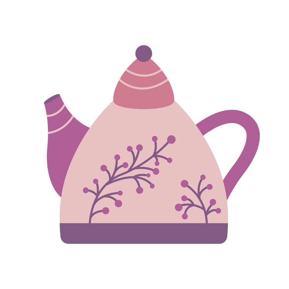 bouilloire à thé décorée de brindilles avec des baies, illustration vectorielle à plat vecteur