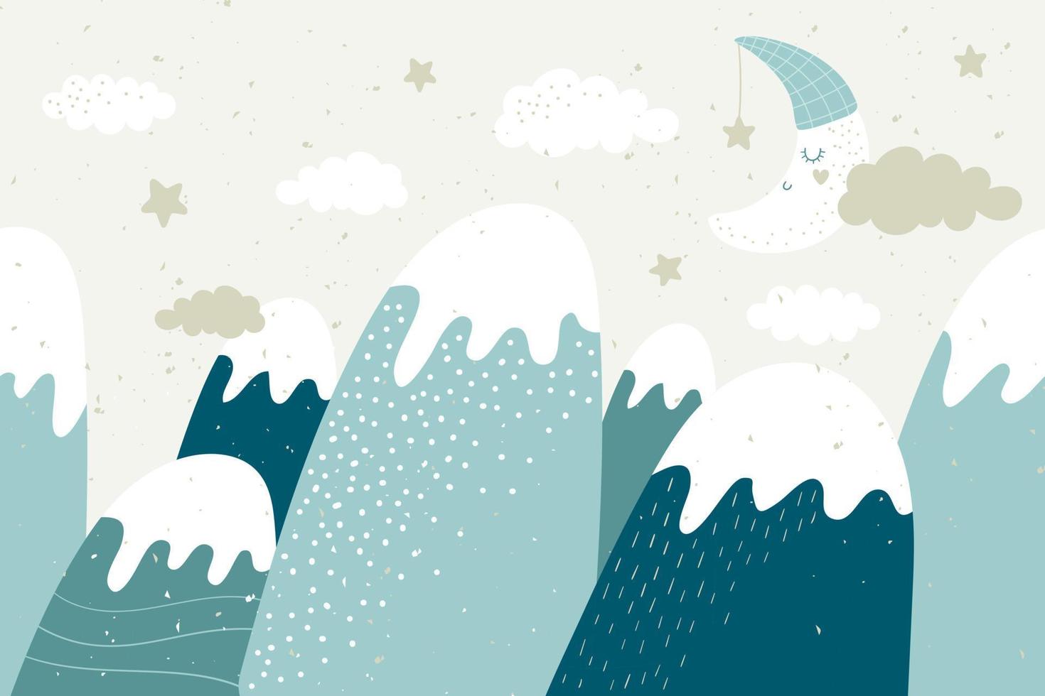 paysage de montagnes pour enfants avec nuages et lune mignonne. graphique pour enfants. illustration vectorielle. vecteur