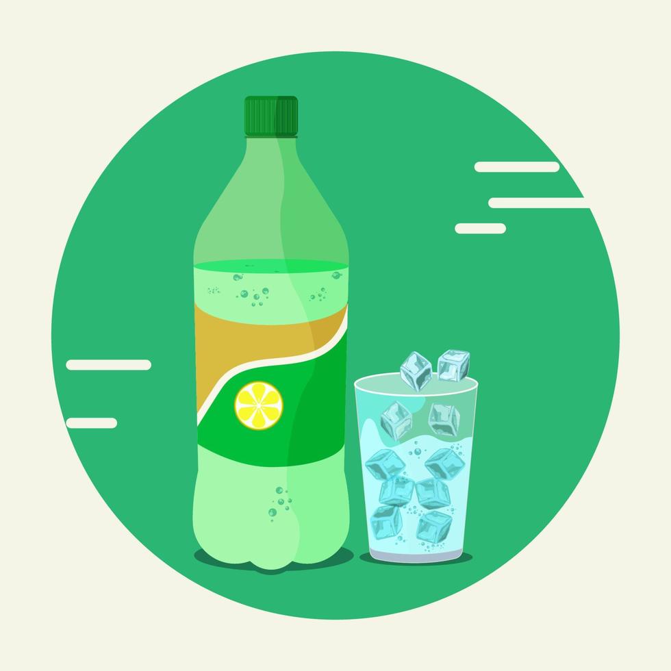 bouteille de soda au citron et sur le verre avec illustration vectorielle de glaçons vecteur