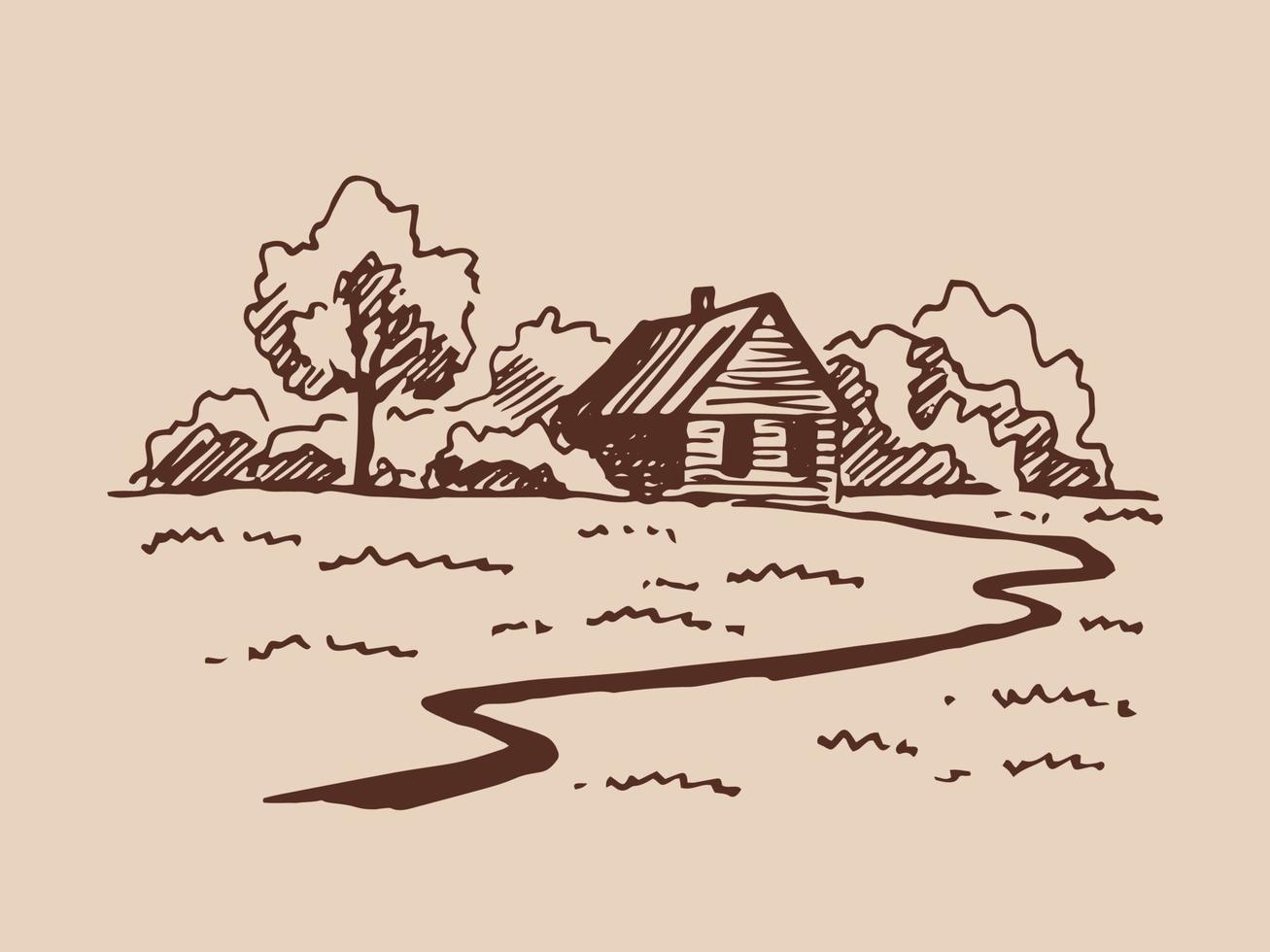 paysage avec maison de campagne. illustration dessinée à la main convertie en vecteur. vecteur