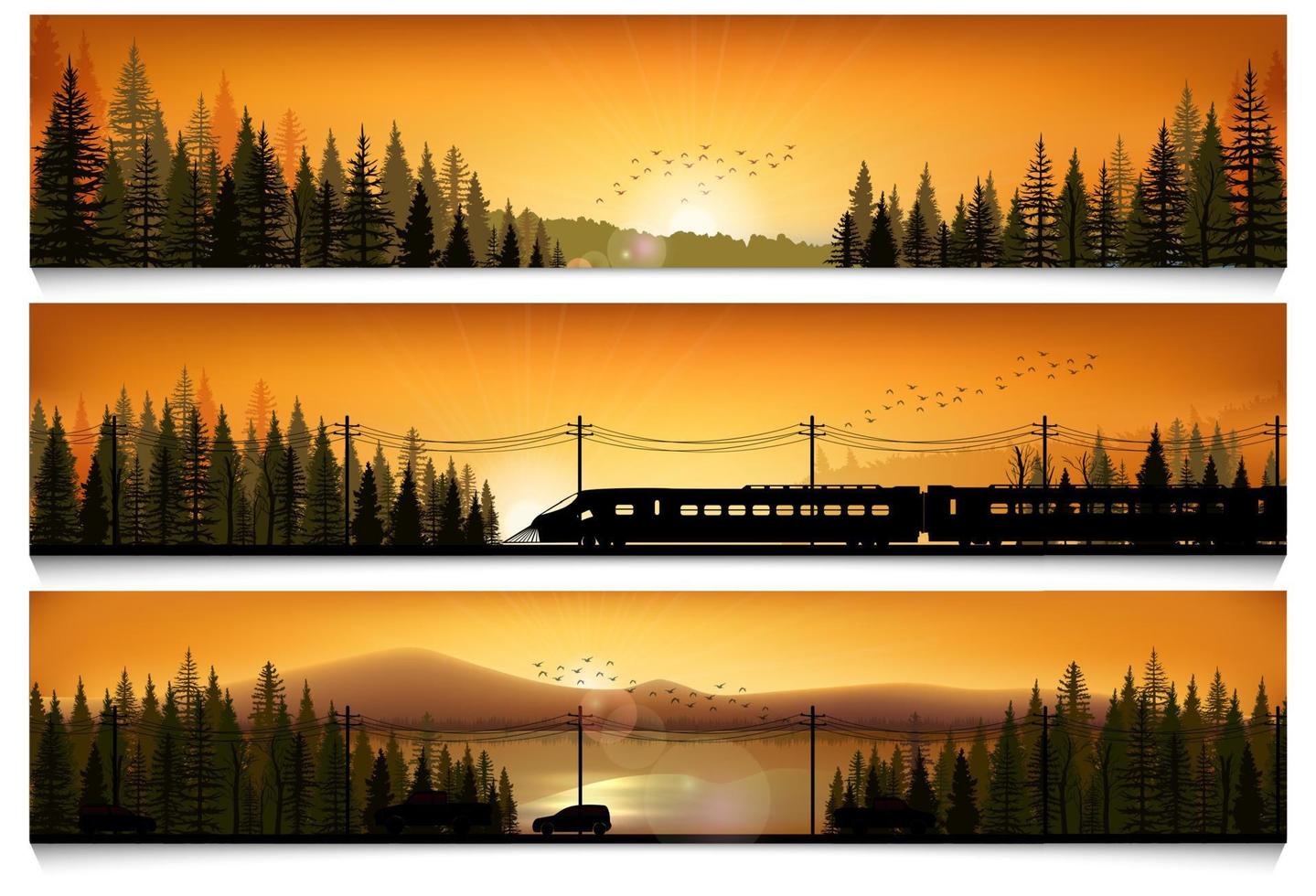 illustration vectorielle de bannières horizontales avec le train à grande vitesse et les voitures sur fond de forêt de paysage vecteur