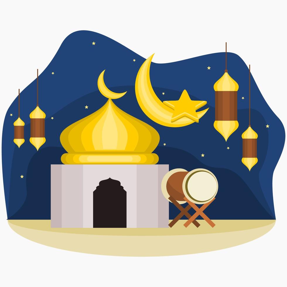 mosquée modifiable avec des lanternes arabes suspendues, un tambour traditionnel, un croissant de lune et des étoiles sur l'illustration vectorielle de la scène nocturne pour l'aïd fitr moubarak et le concept de conception des moments islamiques vecteur
