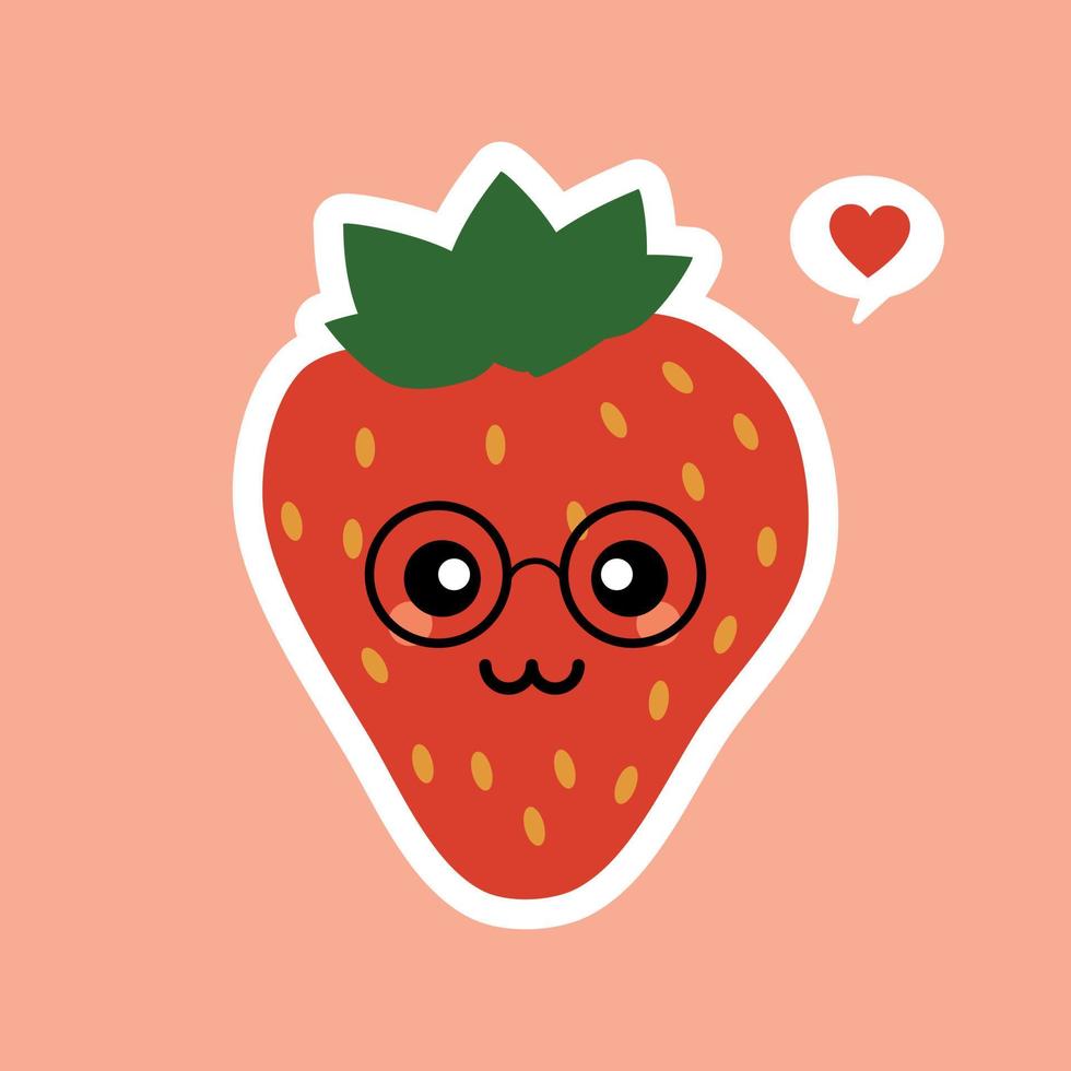 personnage de dessin animé de fraise de fruits mignon isolé sur illustration vectorielle de fond de couleur. icône de visage drôle d'émoticône de fraise positive et amicale. kawaii sourire dessin animé visage nourriture emoji, fruit comique vecteur