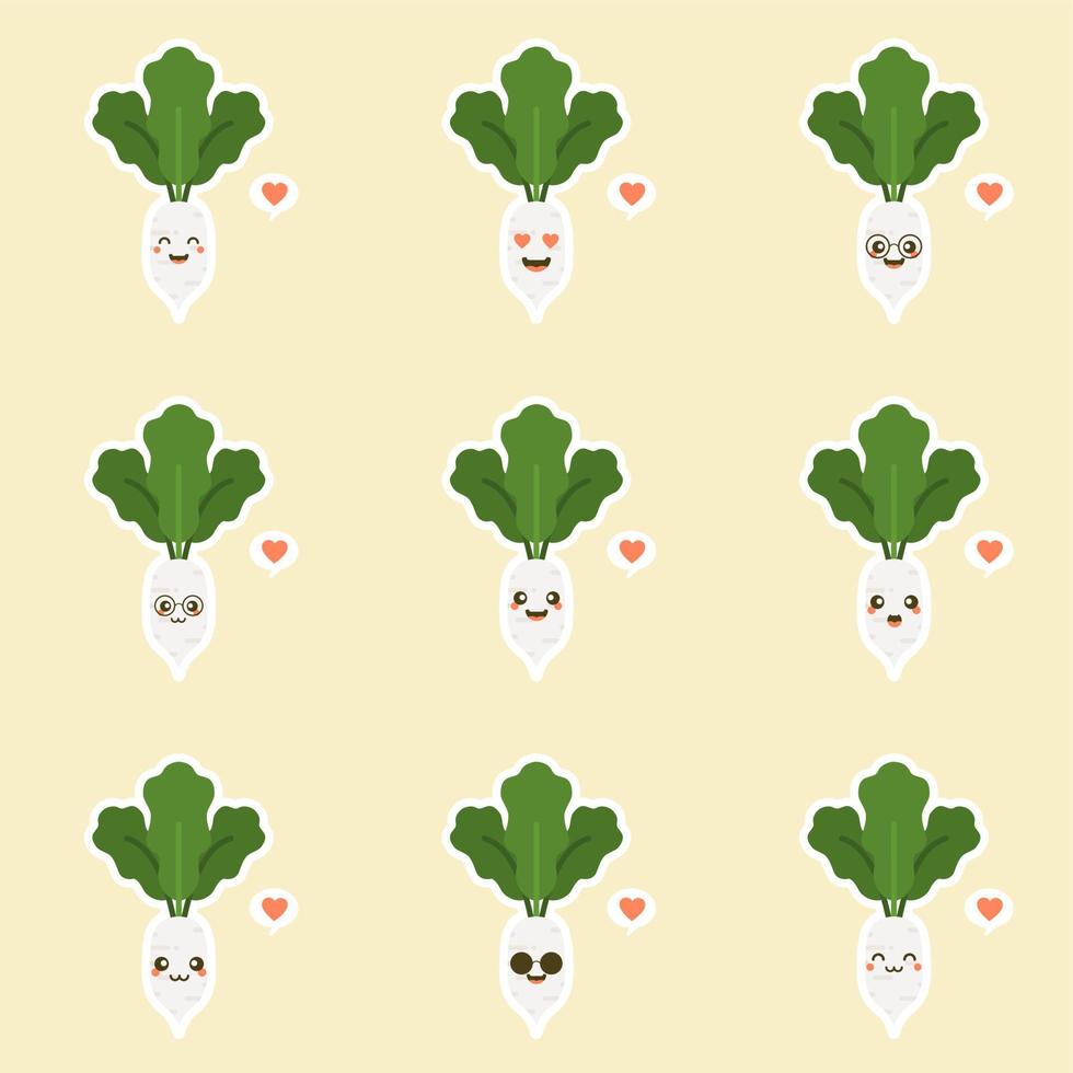 personnage de radis blanc mignon et kawaii. illustration de caractère de légume biologique heureux et sain vecteur