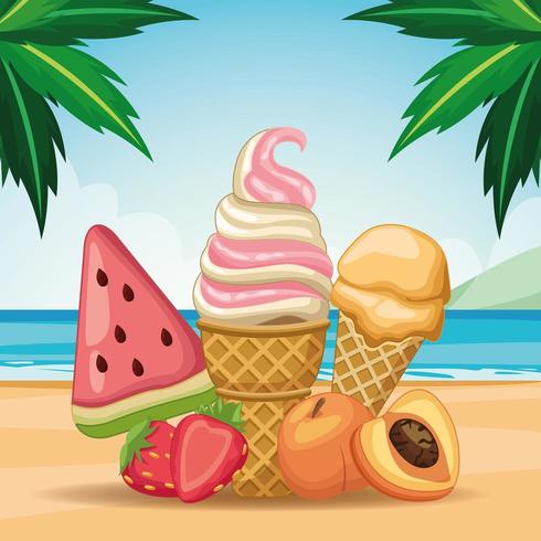 Glace et popsicle dans le sable sur la plage vecteur