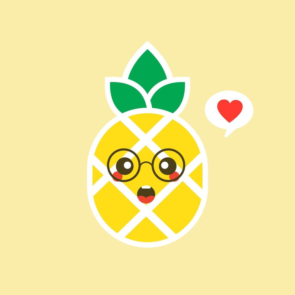 fruit d'ananas heureux avec un joli visage kawaii, un personnage végétarien drôle avec une phrase, une illustration de style plat pour une affiche d'enfant et un t-shirt d'été, isolé sur fond de couleur vecteur