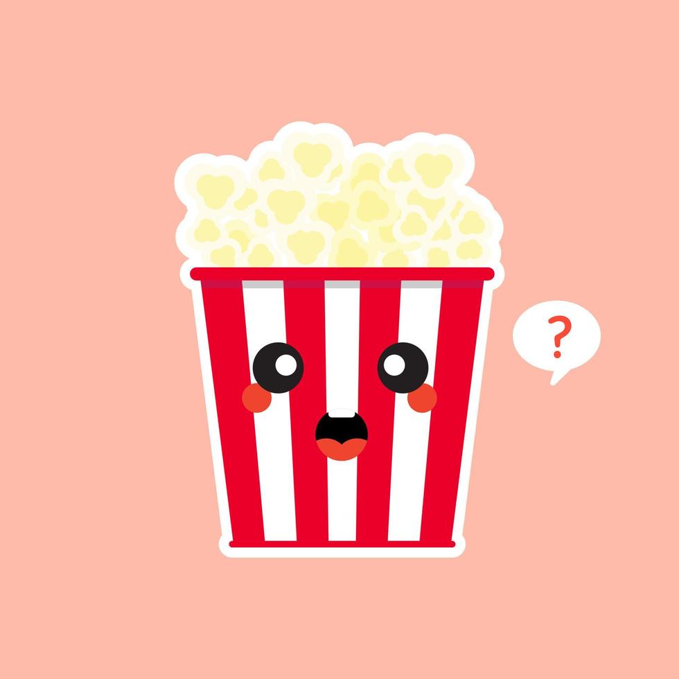 mignon et kawaii pop-corn pop-corn dans une boîte de seau rouge illustration vectorielle de cinéma snack icône de personnage de dessin animé au design plat. vecteur