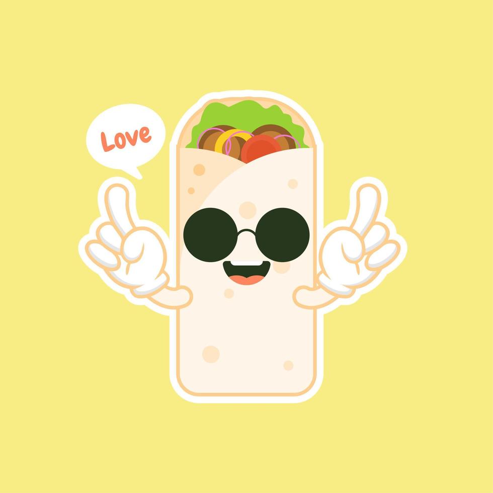mignon et kawaii shawarma kebab personnage comique de dessin animé avec un visage souriant savoureux fastfood enveloppé. émoji kawaii. peut être utilisé dans le menu du restaurant, des aliments sains. ingrédient culinaire. vecteur