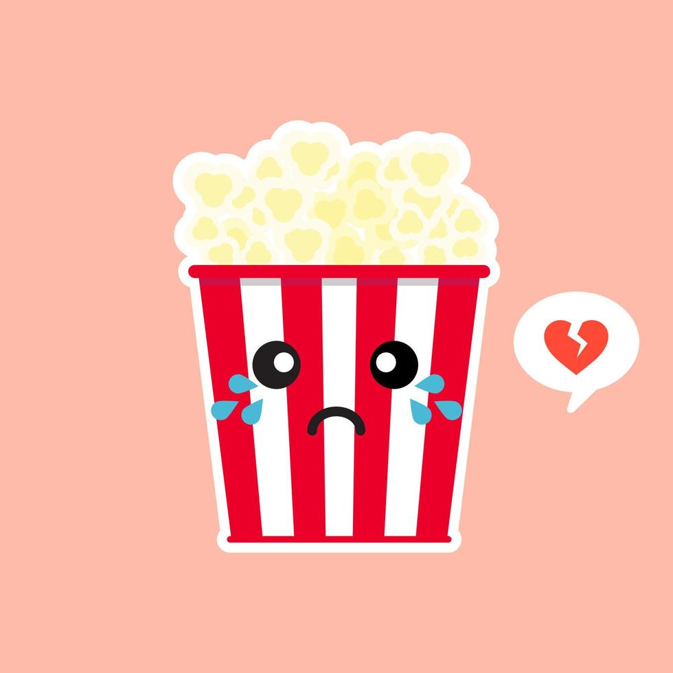 mignon et kawaii pop-corn pop-corn dans une boîte de seau rouge illustration vectorielle de cinéma snack icône de personnage de dessin animé au design plat. vecteur