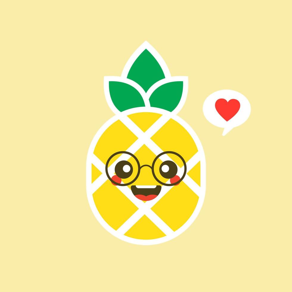 fruit d'ananas heureux avec un joli visage kawaii, un personnage végétarien drôle avec une phrase, une illustration de style plat pour une affiche d'enfant et un t-shirt d'été, isolé sur fond de couleur vecteur