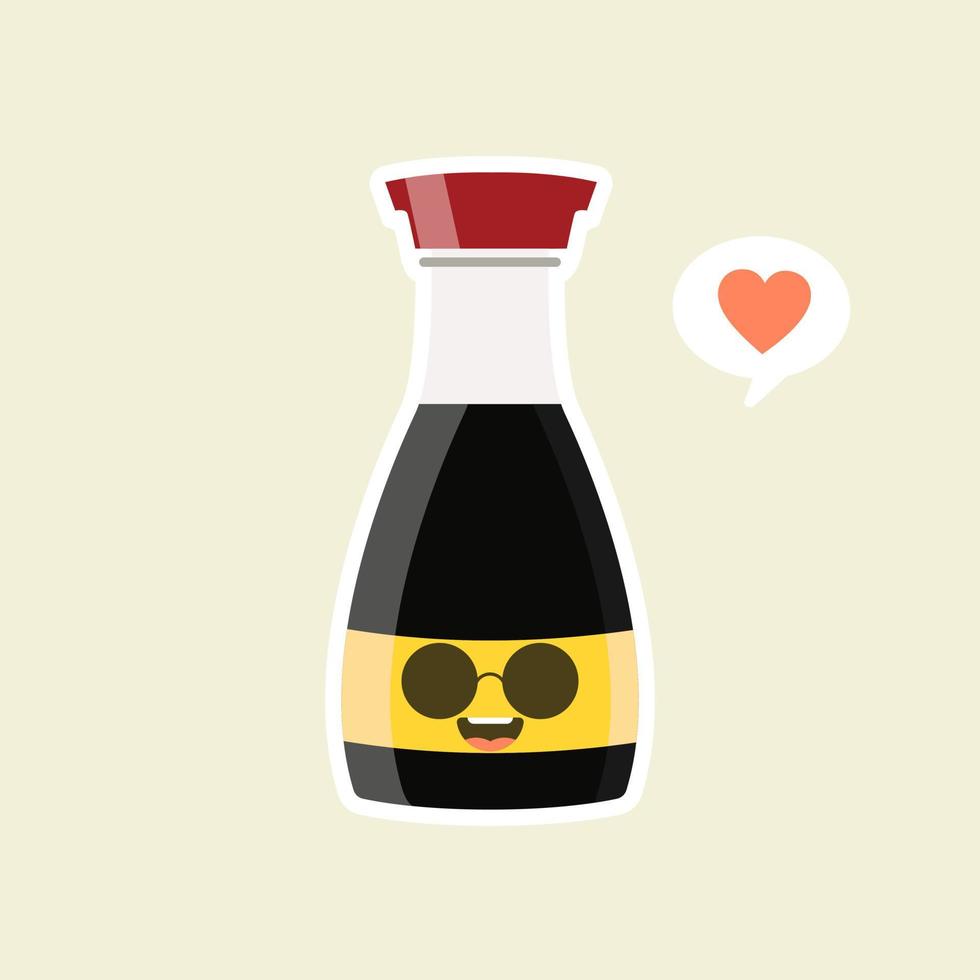 kawaii et mignonne bouteille de sauce soja amusante et amusante. conception d'icône d'illustration de personnage de dessin animé de vecteur. isolée sur fond de couleur. peut utiliser pour émoticône, emoji, autocollant vecteur
