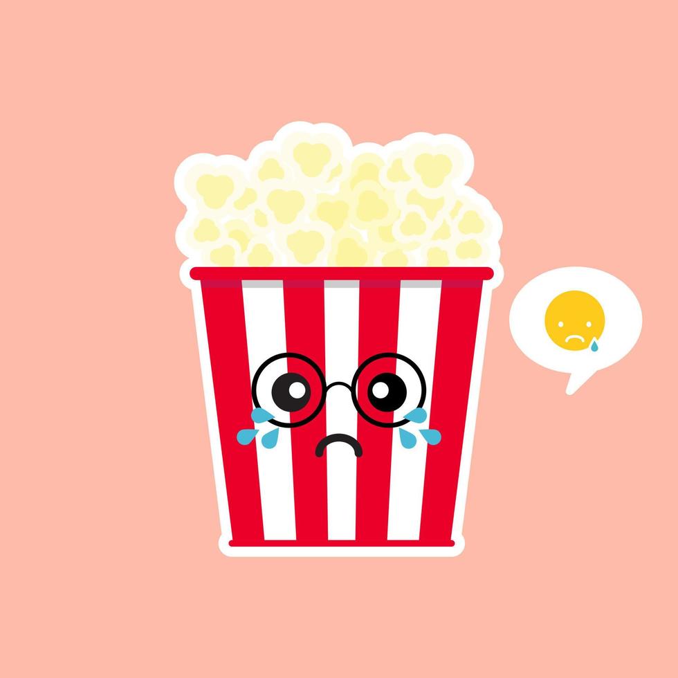 mignon et kawaii pop-corn pop-corn dans une boîte de seau rouge illustration vectorielle de cinéma snack icône de personnage de dessin animé au design plat. vecteur