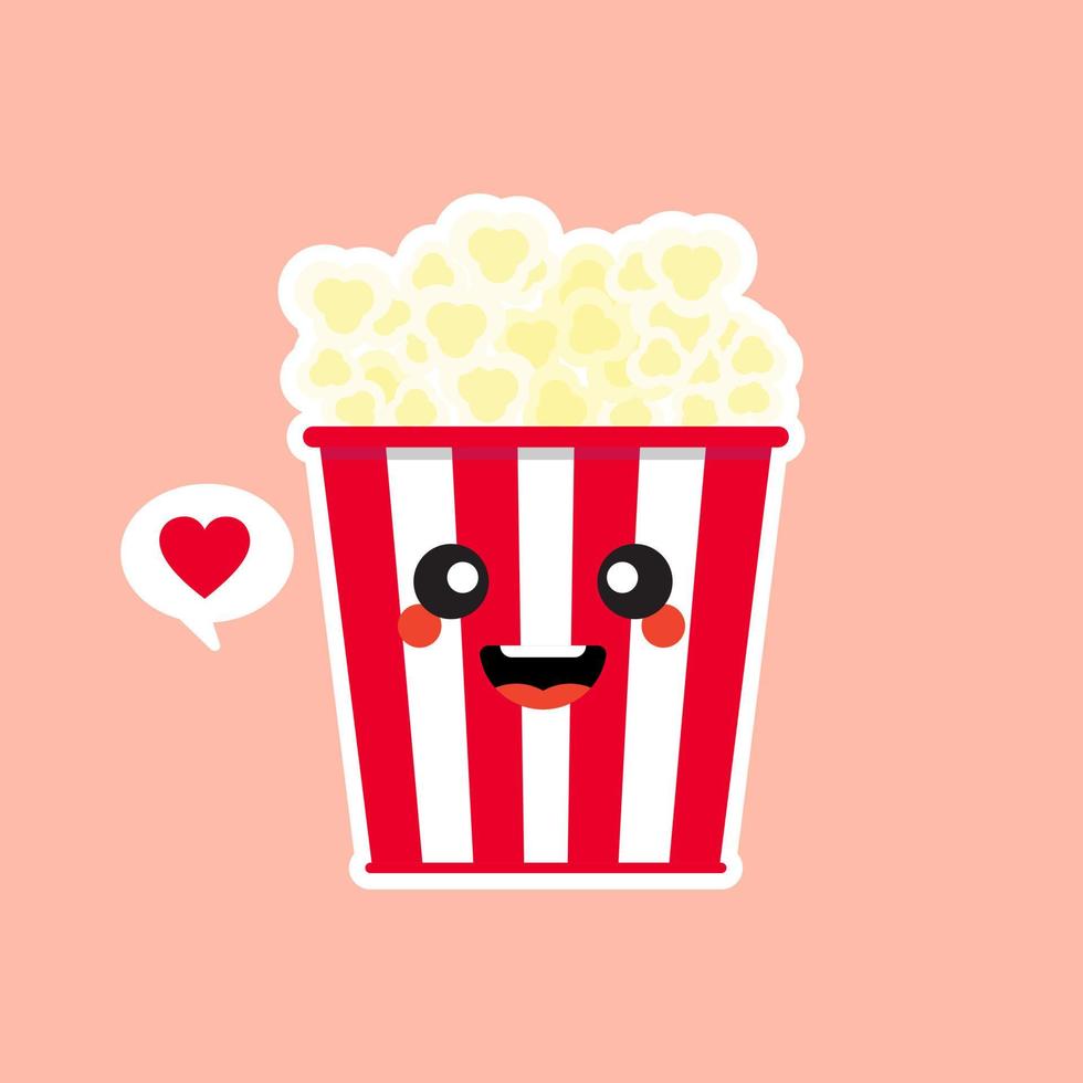 mignon et kawaii pop-corn pop-corn dans une boîte de seau rouge illustration vectorielle de cinéma snack icône de personnage de dessin animé au design plat. vecteur