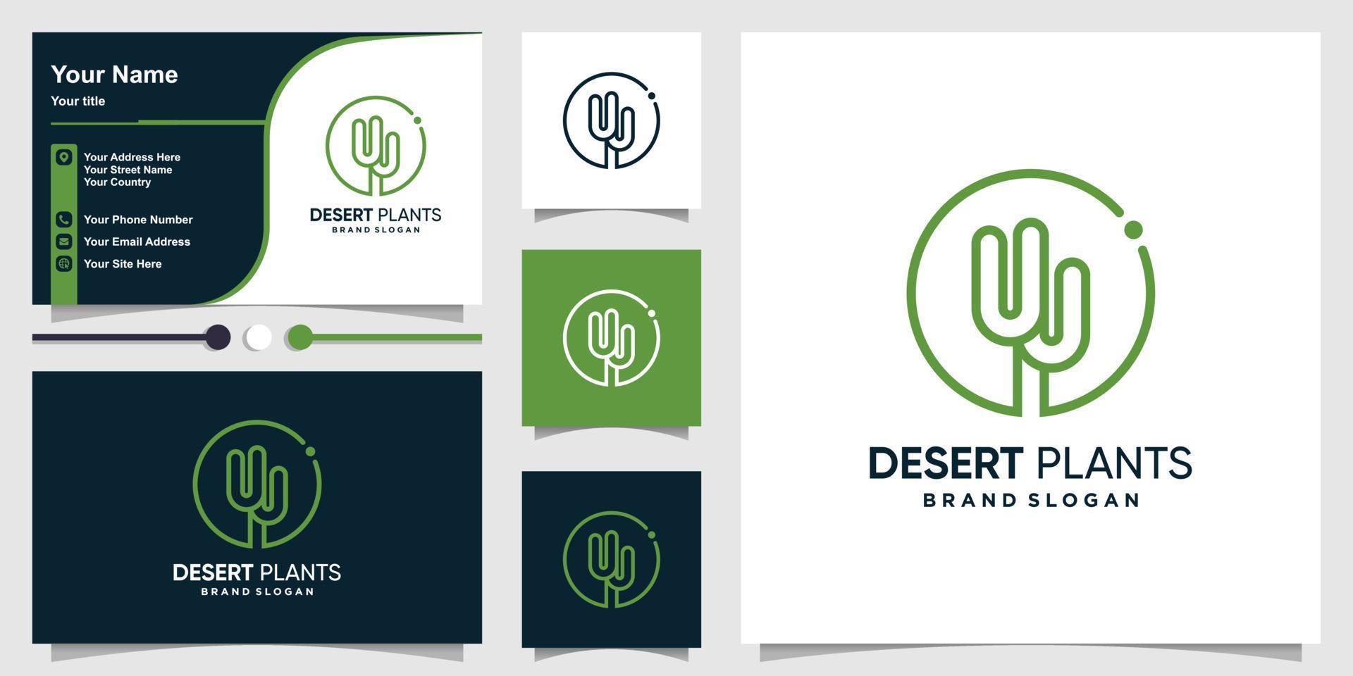 logo de plantes du désert avec style d'art en ligne créatif et modèle de carte de visite vecteur premium